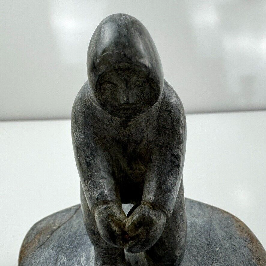 Alaskan Native Vtg Soapstone Tableau Seal & Hunter Contemporary Green Variegated