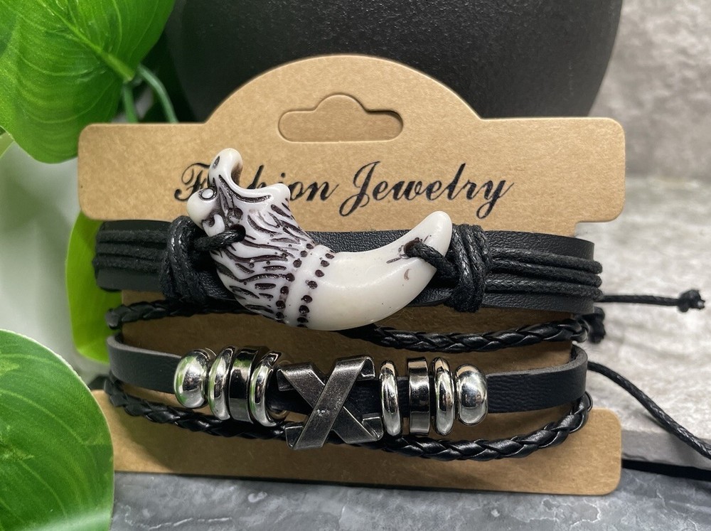 2 PC PU Leather Bracelet Set  Stackable Adjustable Tie Free Ship B3346