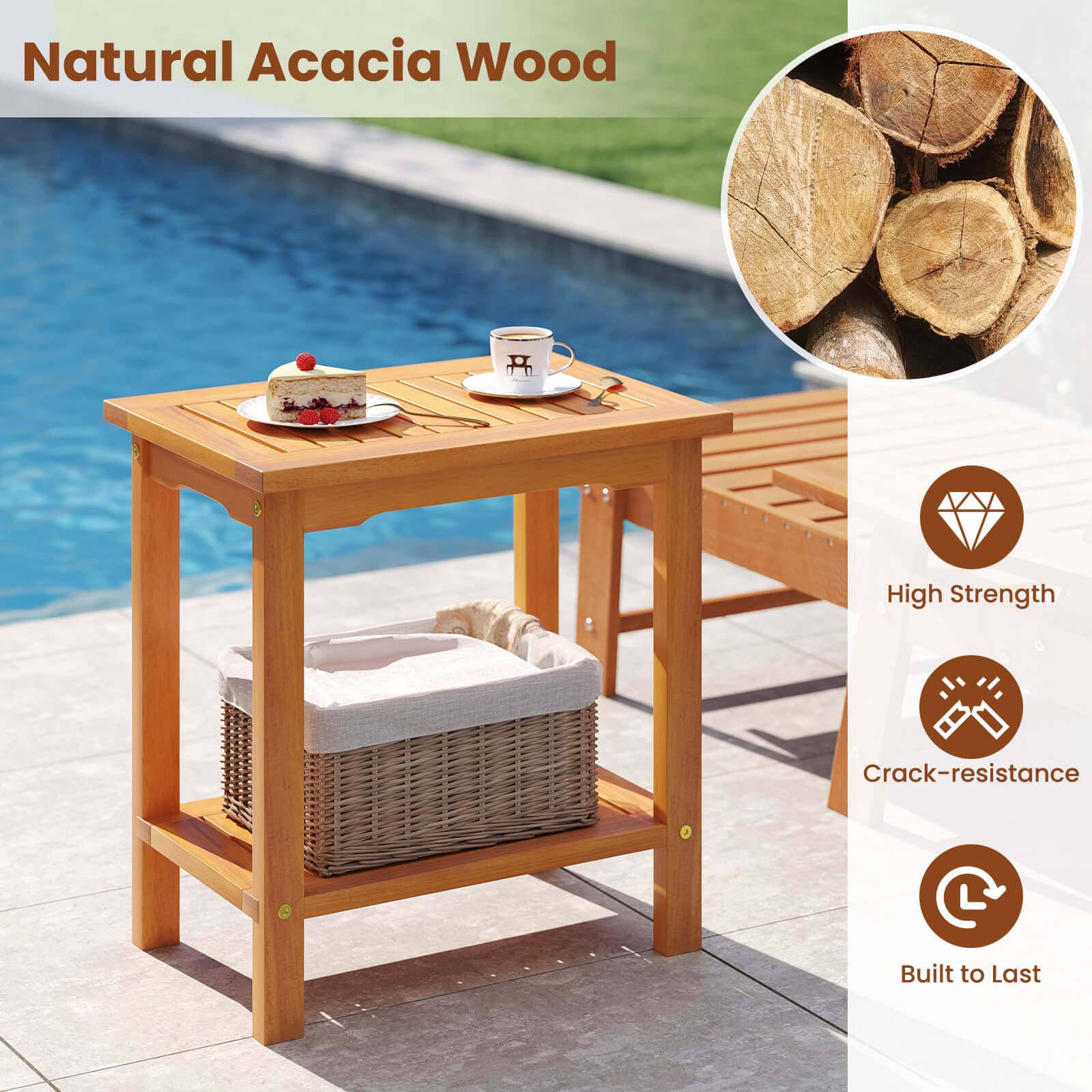 Outdoor Acacia Wood Side Table 2-Tier Patio End Table with Slatted Tabletop