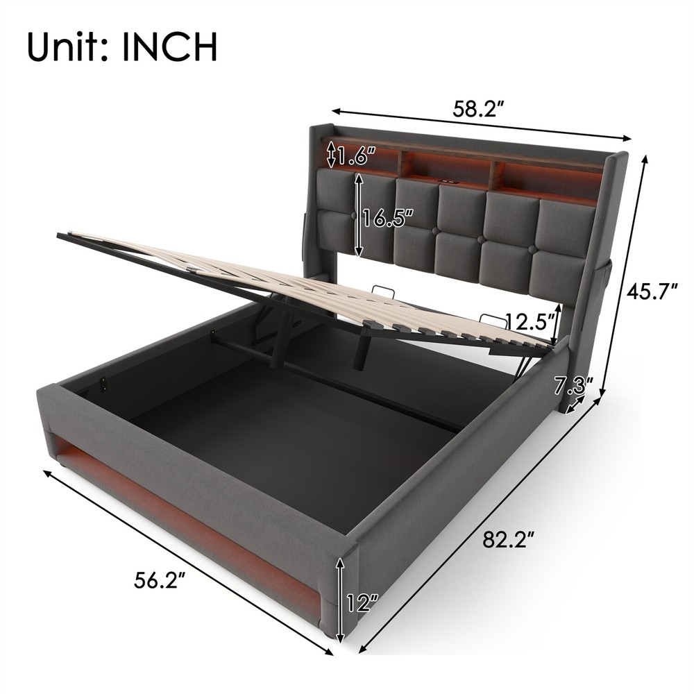Full Size LED Bed Frame Upholstered Platform Bed with Hydraulic Storage System