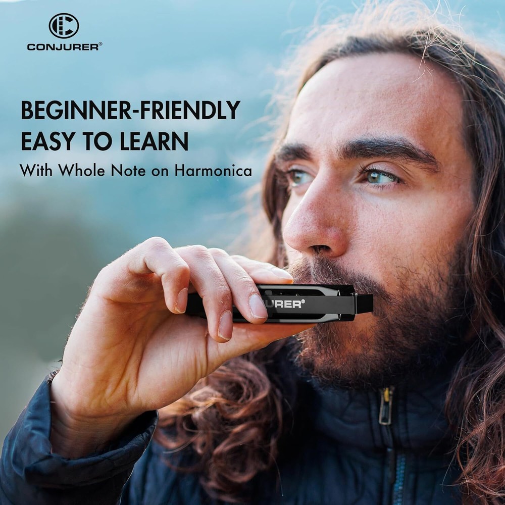 CONJURER Silver Blues Harmonica for Beginners 10 Hole Diatonic Harmonica Key C