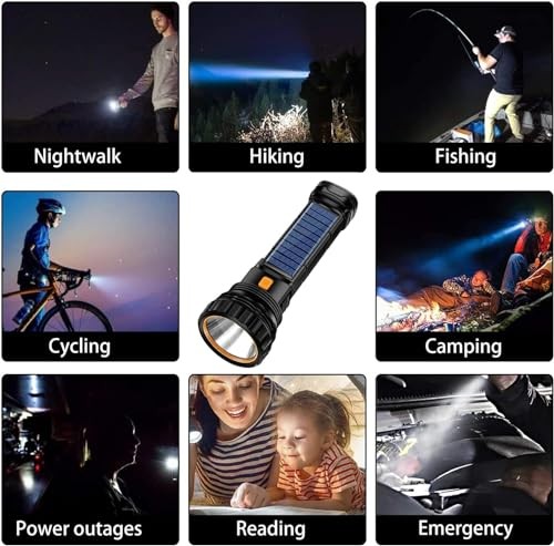 Solar/Rechargeable Multi Function 1000 Lumens LED Flashlight, with 6PCS Black