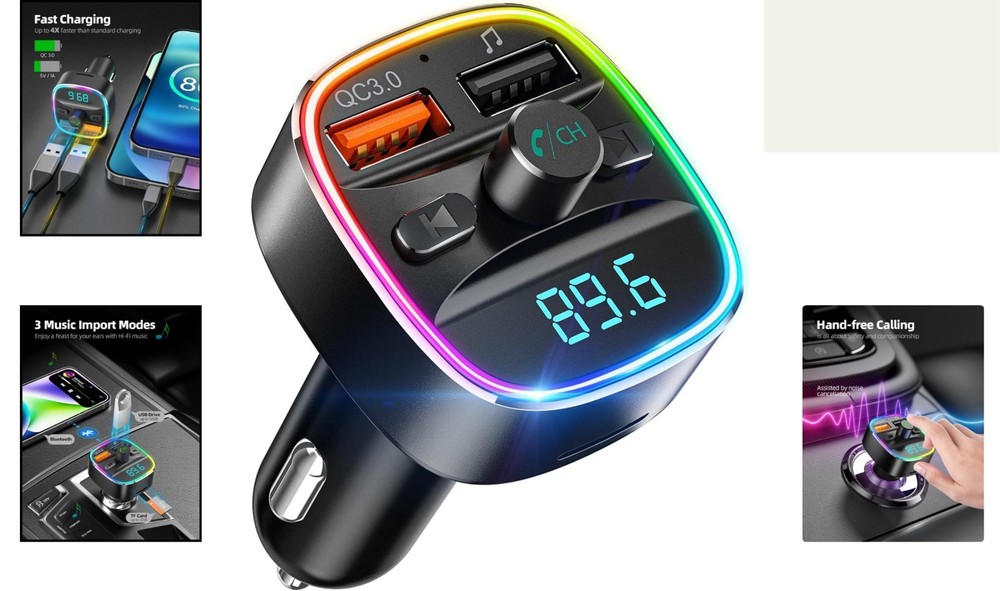 Hands-Free Bluetooth FM Transmitter with 7 Color LED & Fast USB Charging