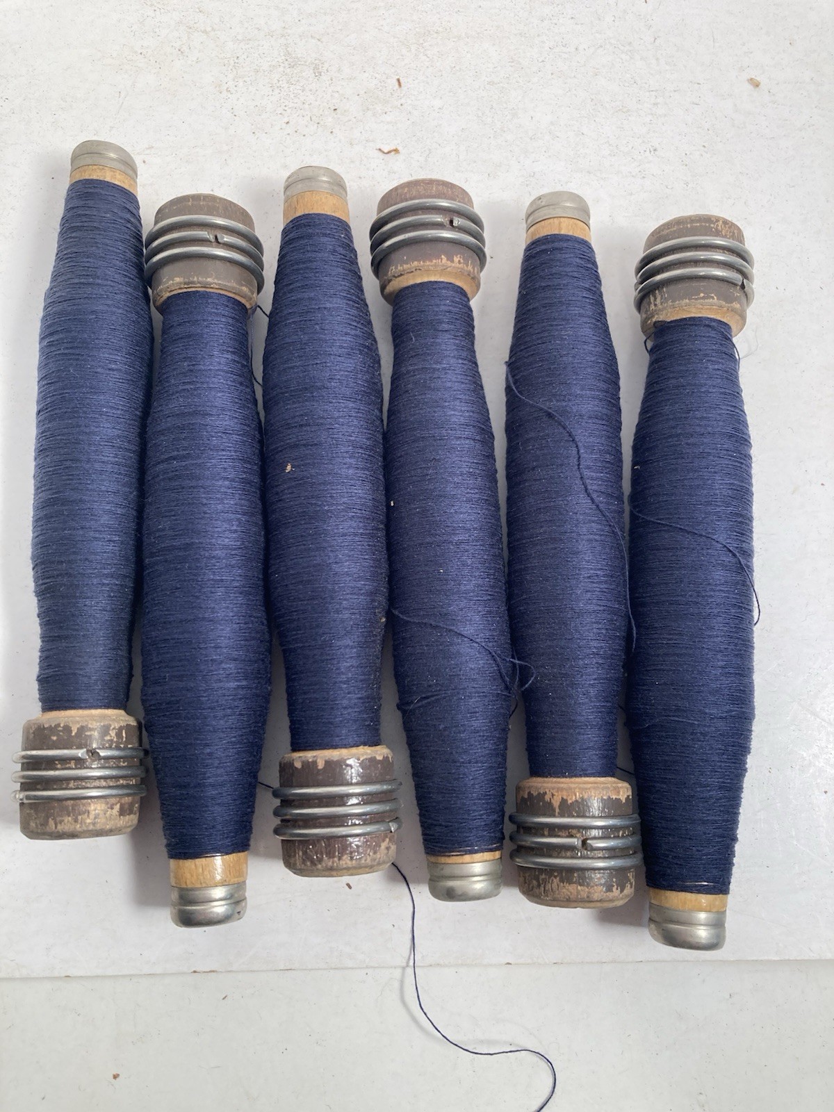 Wrapped Wood Quills, DARK BLUE, Bobbins, Spools, Threaded, Textile, lot of 6