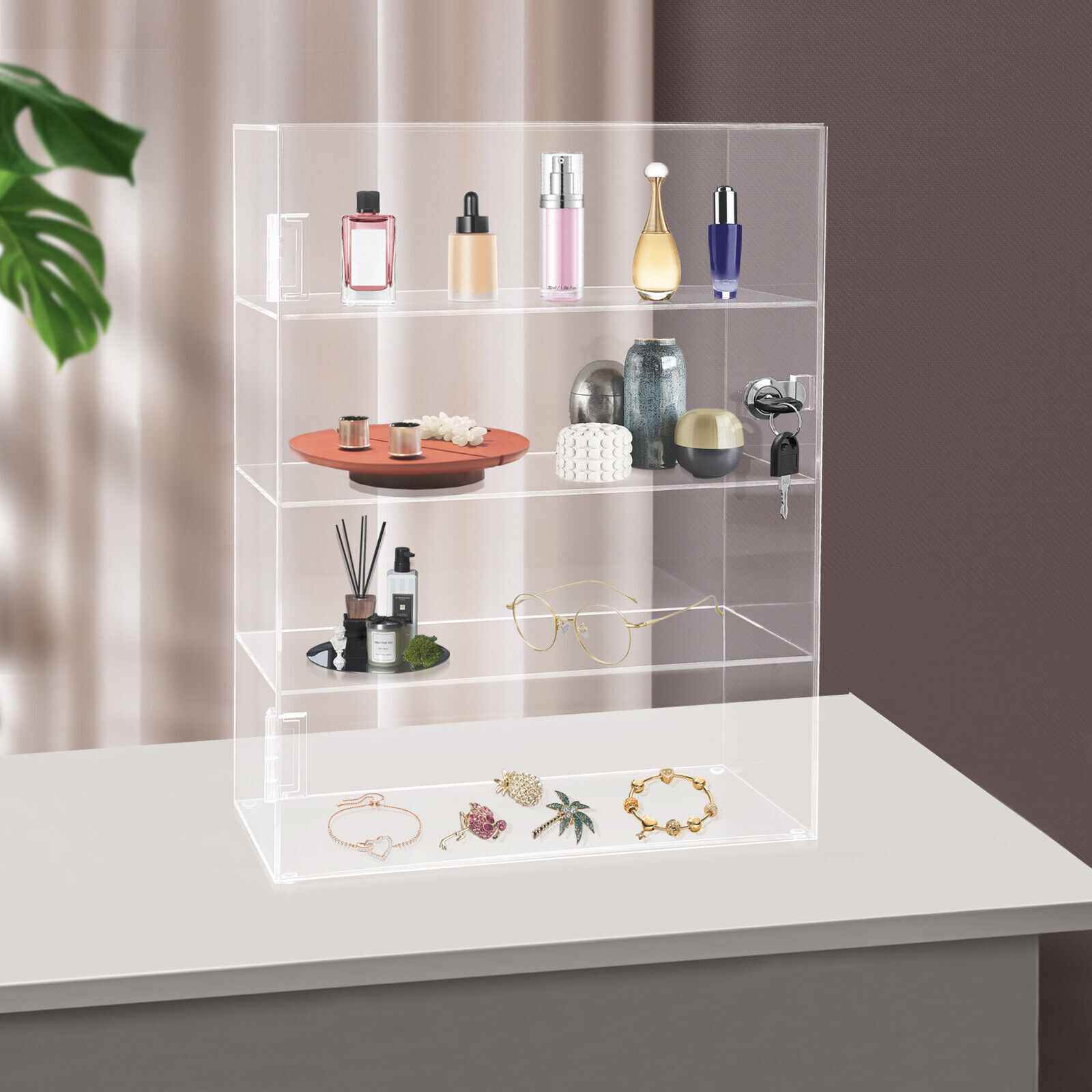Acrylic Display Case Countertop Clear Box Dustproof Shelves Showcase with Lock