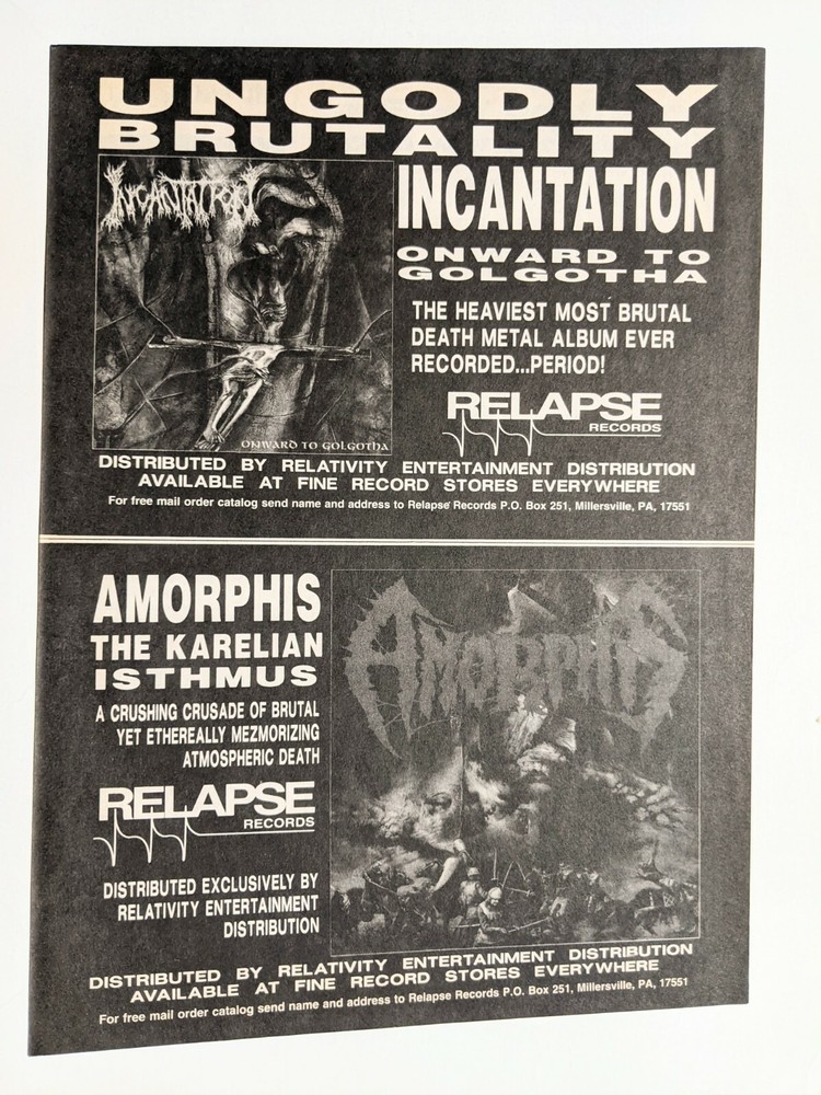 INCANTATION / AMORPHIS / 1992 UNGODLY BRUTALITY  LP'S MAGAZINE PRINT AD
