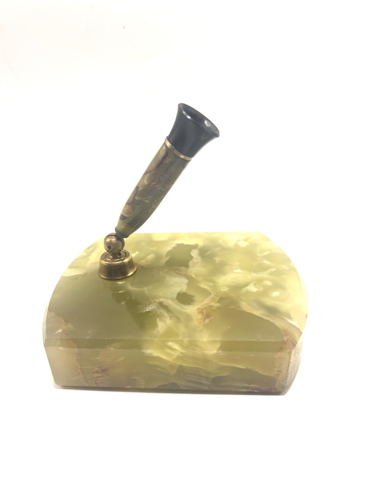 Vintage Green Onyx Marble And Brass 4 Piece Desk Set