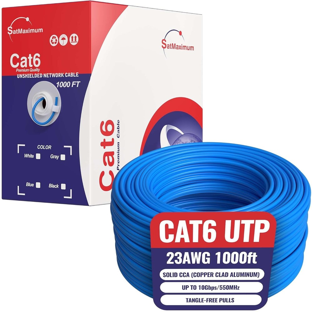 CAT6 Ethernet Cable 1000ft Pull Box Solid UTP 23AWG 550Mhz CCA Bulk Blue Wire