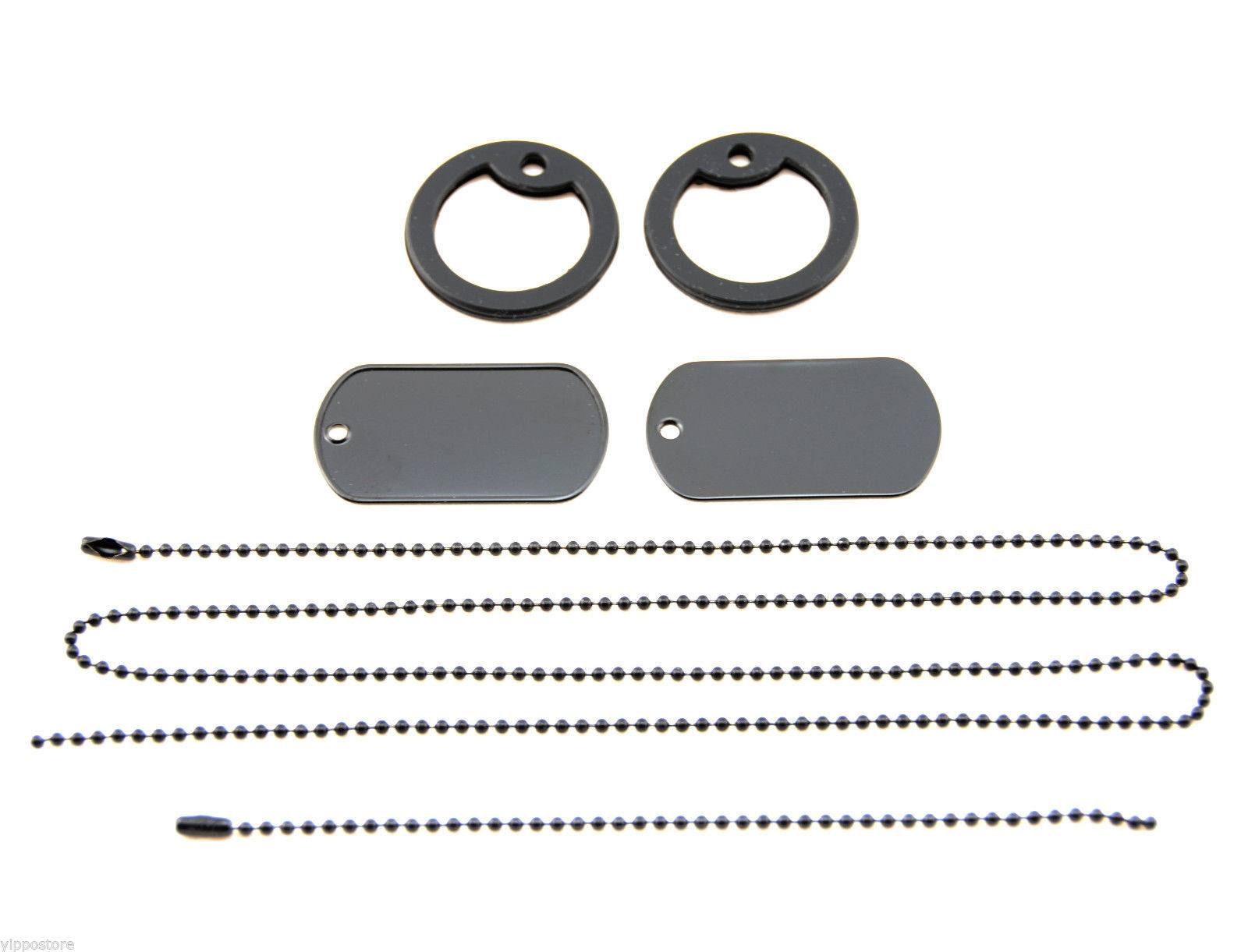 100 Black Military Spec ID Dog Tags + 27" & 4.5" Ball Chains + Black Silencers