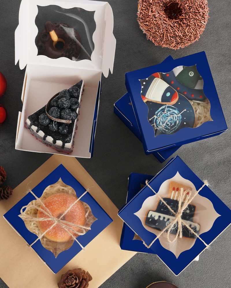 Dark Blue Bakery Boxes With Window 55pcs 4x4x2.5 Mini Cookie Boxes Macaron Boxes