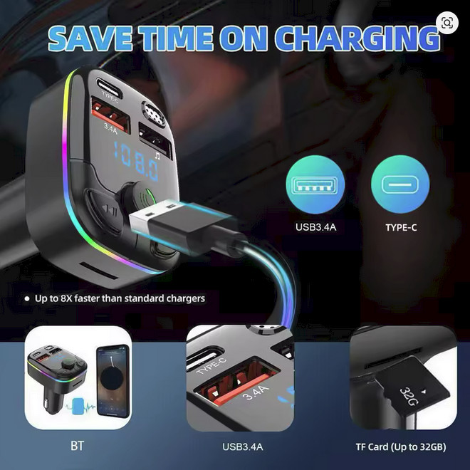 Car Charger FM Transmitter Bluetooth 5.0 PD Type-C Dual USB Ambient Player Hands