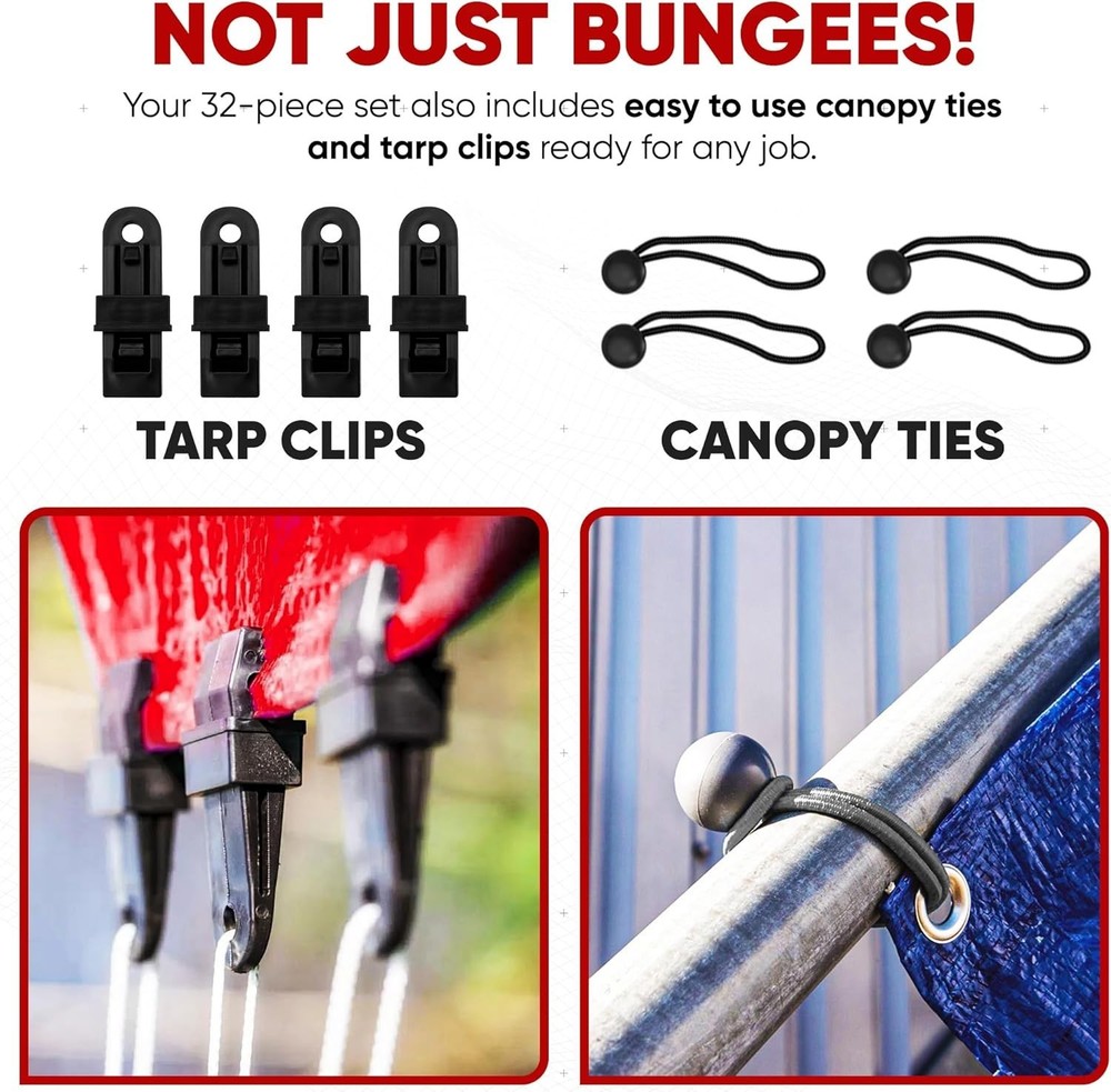 Complete Bungee Cord Set: 32-Pack with Heavy-Duty Hooks & Easy Storage Solution