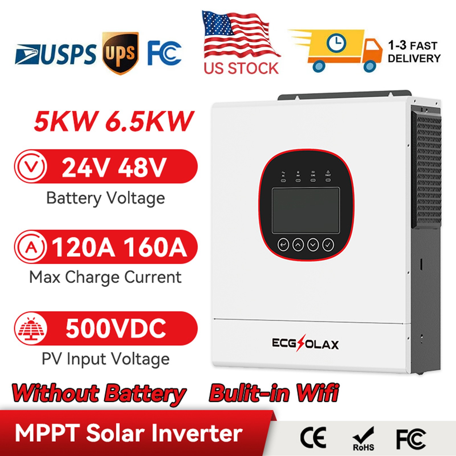 6500W 48V Off-grid Hybrid Solar Inverter MPPT 120A Built-in WiFi Controller