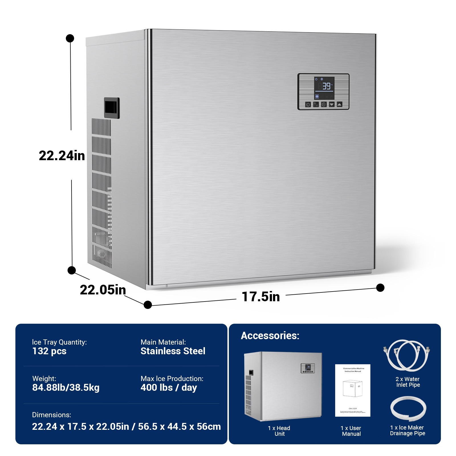 Commercial Ice Maker Machine 400 lbs/24 h Self-Cleaning Ice Machine - Head Only
