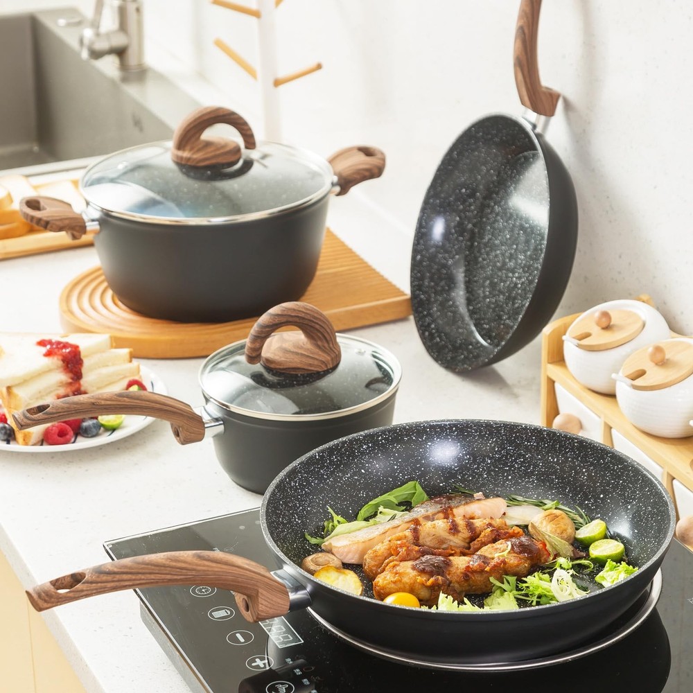 Pots and Pans Set Non Stick, Ceramic Cookware Set with Granite Pattern Kitche...