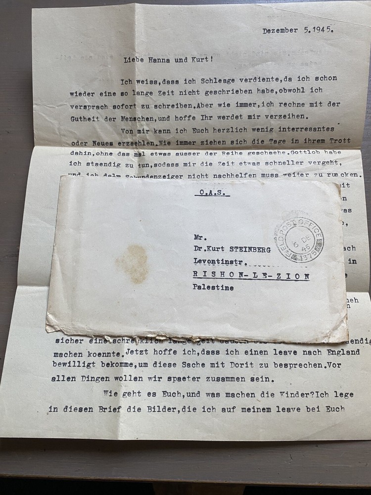 RARE Letter To Dr Kurt Steinberg Palestine 1945
