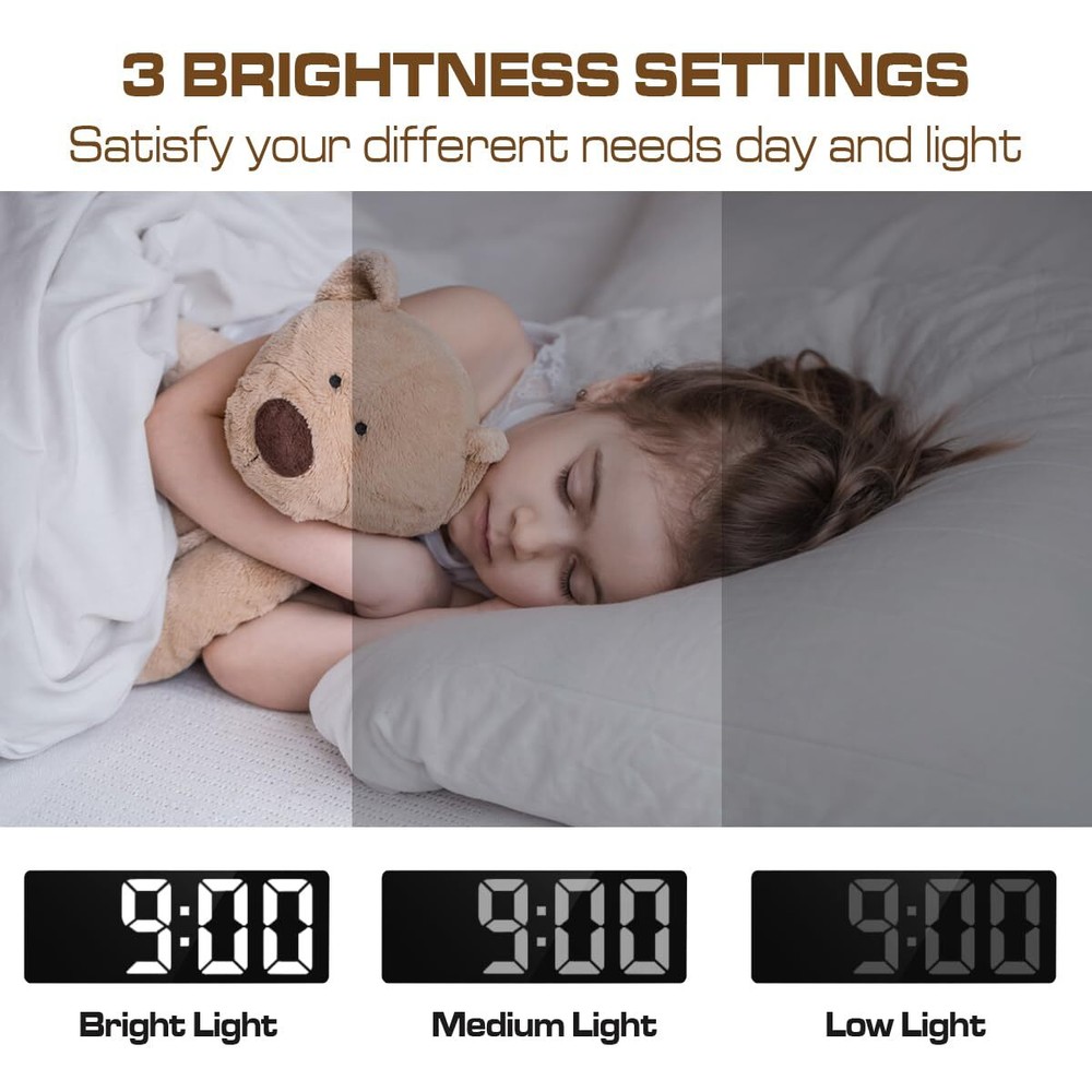 Small Digital Alarm Clock Mirror LED Display Adjustable Brightness Black Case