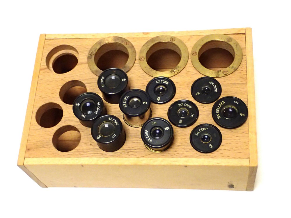 CTS ASSORTED MICROSCOPE EYEPIECES 4X, 6X, 10X COMP & 10X KELLNER w/ BOX, 10PCS