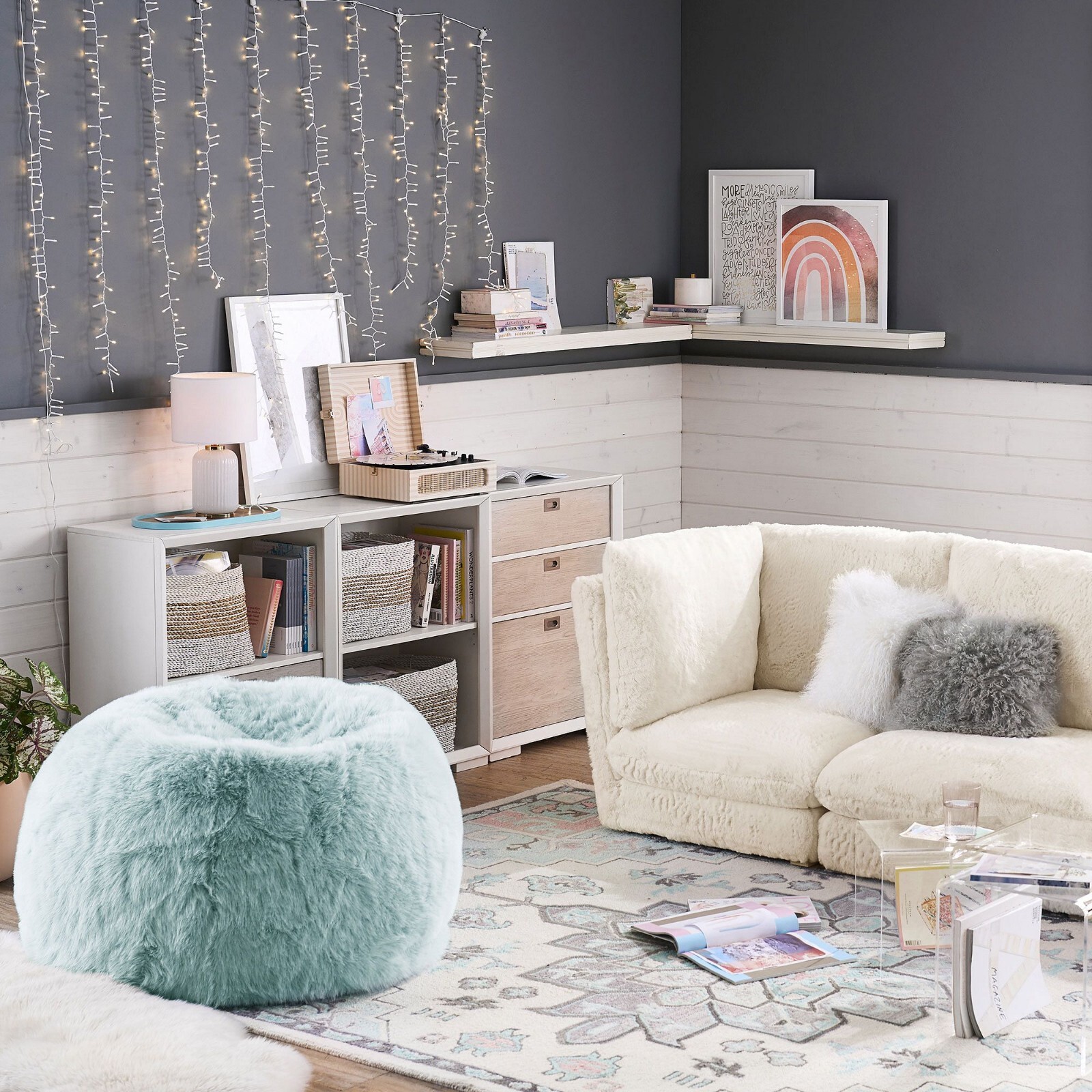 NEW Pottery Barn Faux Fur Porcelain Blue Bean Bag Ottoman Poof Chair Cover Only