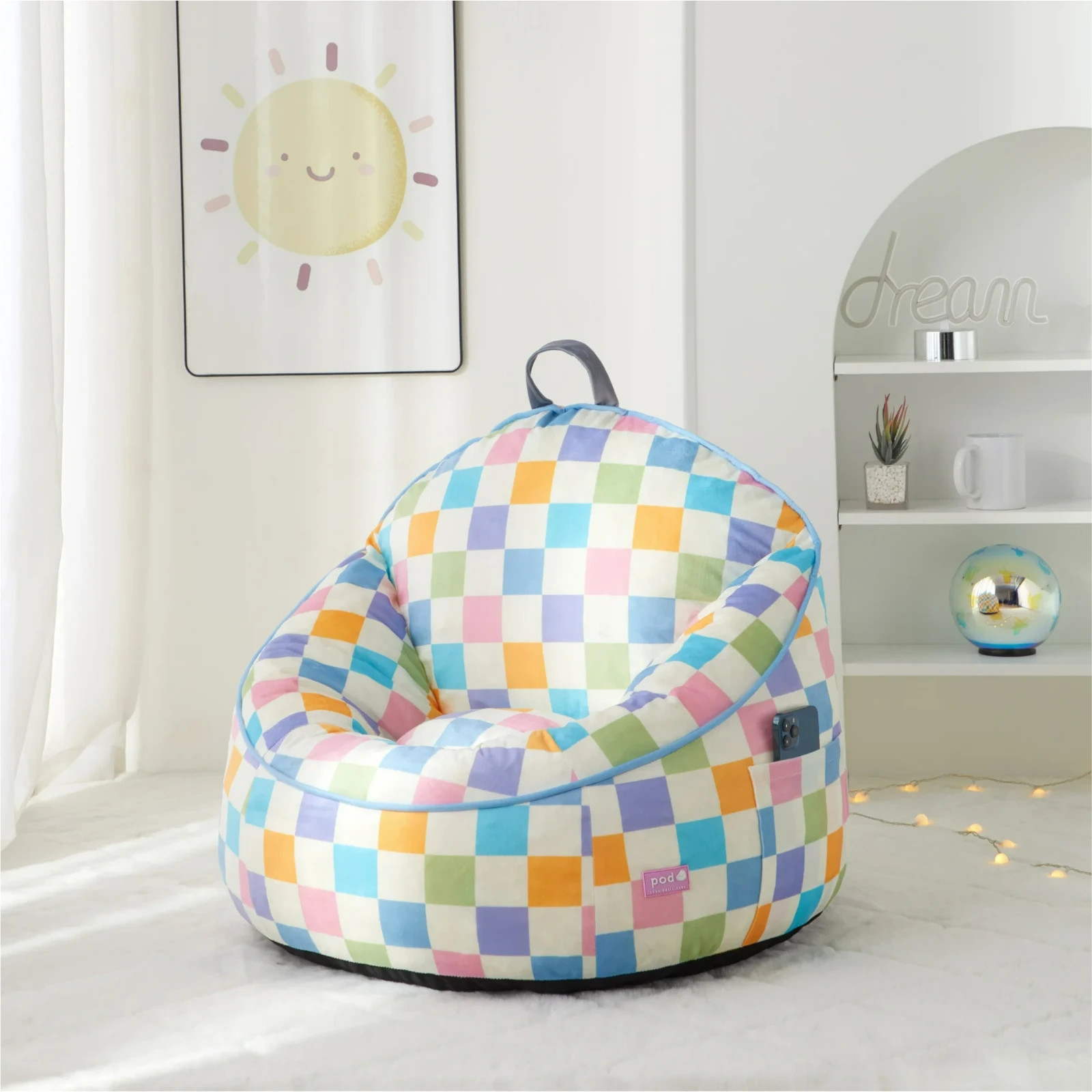 Compressed Foam Bean Bag Chair for Kids, Rainbow Checkerboard, New