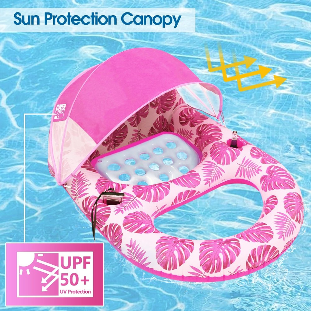 Extra Large Inflatable Pool Float with Canopy and Cup Holder - Pink