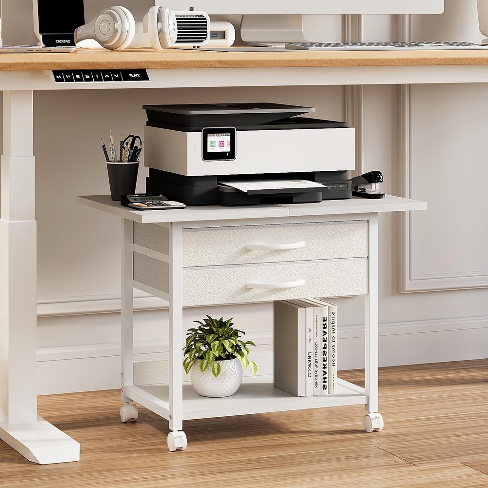 Large Printer Stand with Storage Fabric Drawer Under Desk Printer Table with ...
