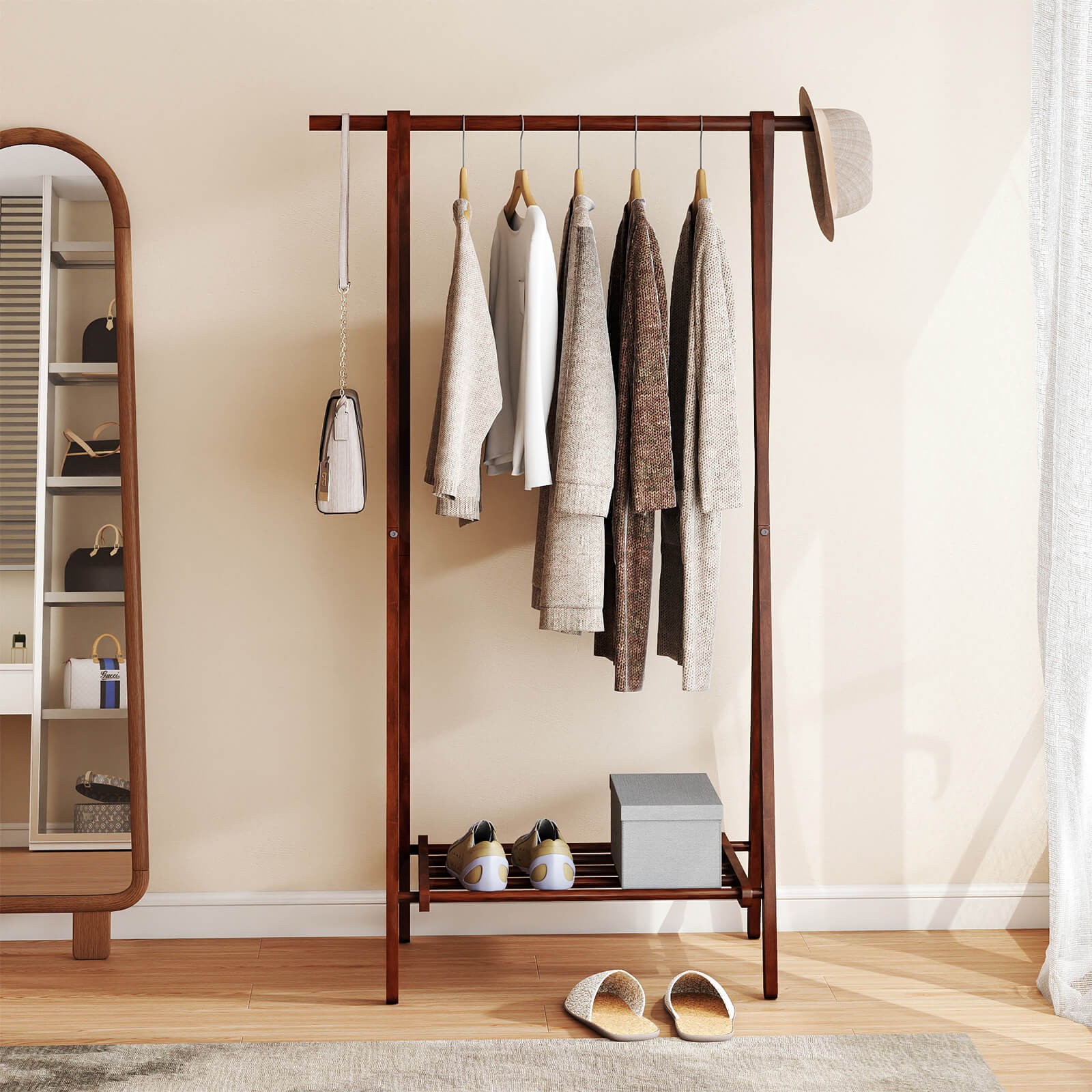 Folding Rubber Wood Clothes Hanging Rack w/Bottom Storage Shelf for Bedroom