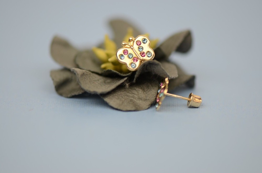 14K Solid Yellow Gold Butterfly Stud Earring with CZ