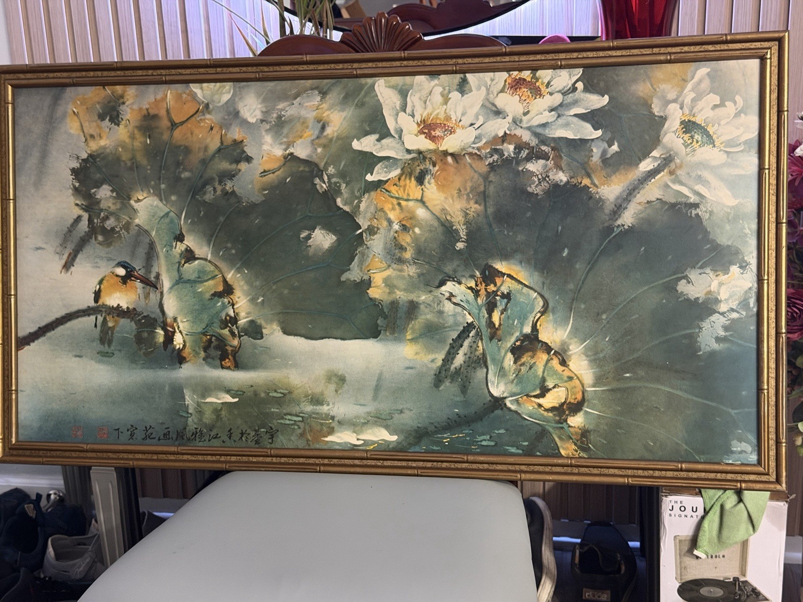 Asian Lotus Wall Art Framed Chinese Style Birds Bamboo Decor