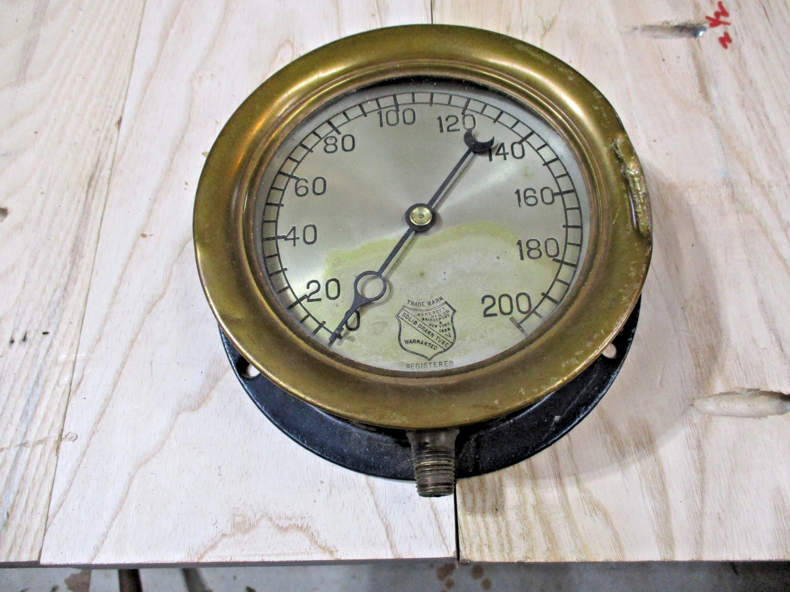 Vintage Ashcroft Mfg. Co. 6" Brass Gauge, Glass Face 0-200, Reg- 4/12/1898