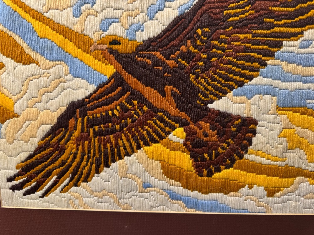 Large Vintage Needlepoint "An Eagle In Flight" - Framed