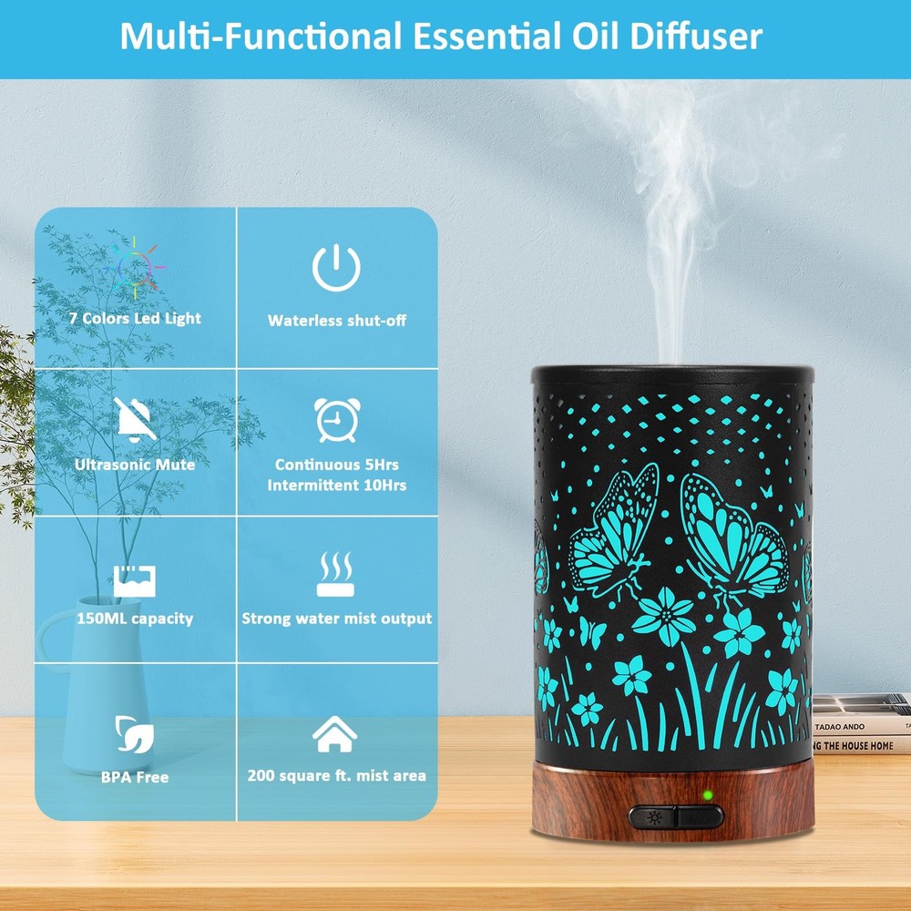 Essential Oil Diffuser - 150ML Metal Aromatherapy Large Butterfly