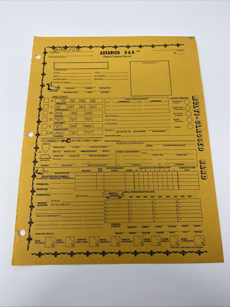 Original AD&D Player Character Record Sheet—Multi Classed Bard  Light Use