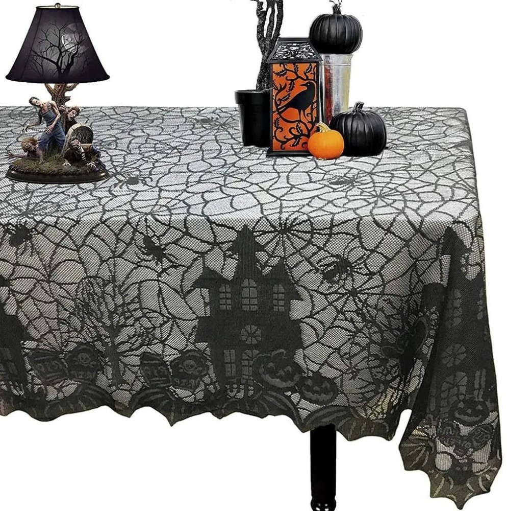 Halloween Lace Tablecloth – Rectangular Haunted House & Pumpkin Design
