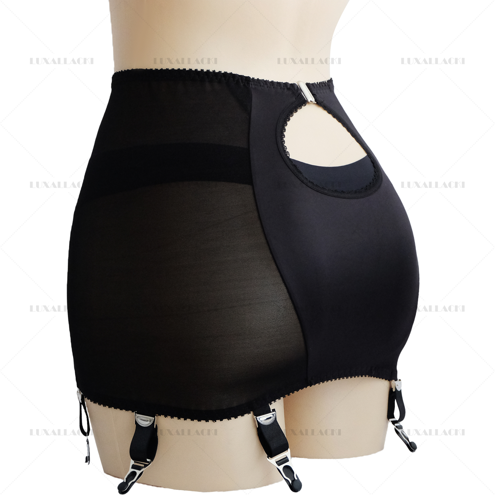 Luxallacki Back Hollow Sheer Garter Belt 6 Straps Suspender Metal Clips Girdle