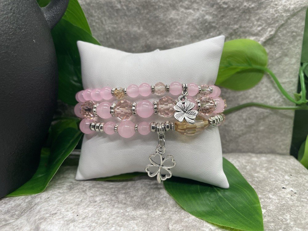 3 PC Handmade Boho Beaded Stackable 7” Plus Stretch Bracelet Set Clover B2505