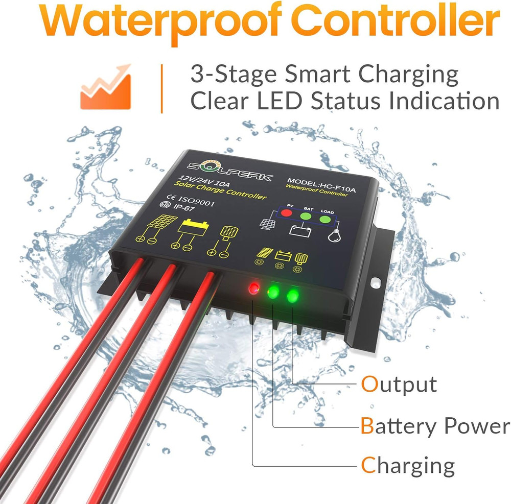 10A Solar Charge Controller Waterproof Solar Panel Controller 12V/24V PWM Solar