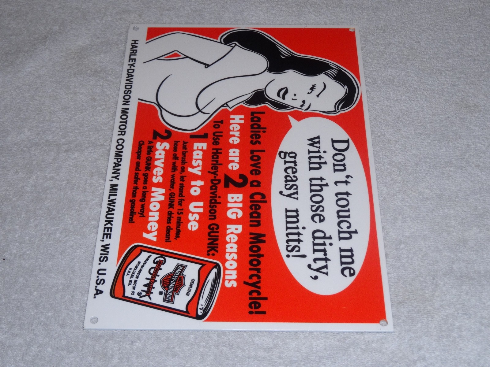 VINTAGE HARLEY DAVIDSON MOTORCYCLE GUNK WOMAN 12" MOTOR CYCLE GASOLINE OIL SIGN!