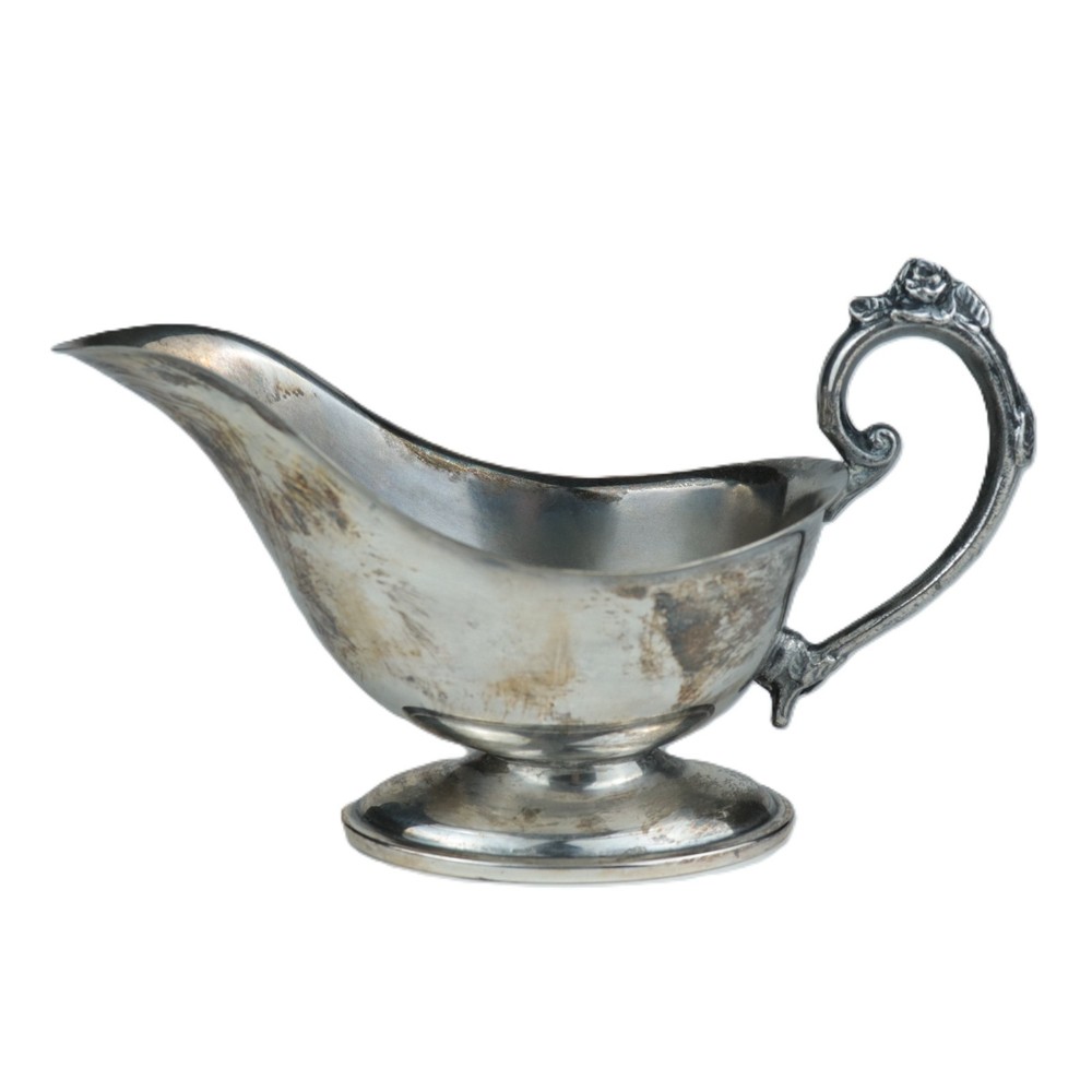 Vintage Silverplate Footed Gravy Boat – Ornate Rose Floral Handle – Unmarked