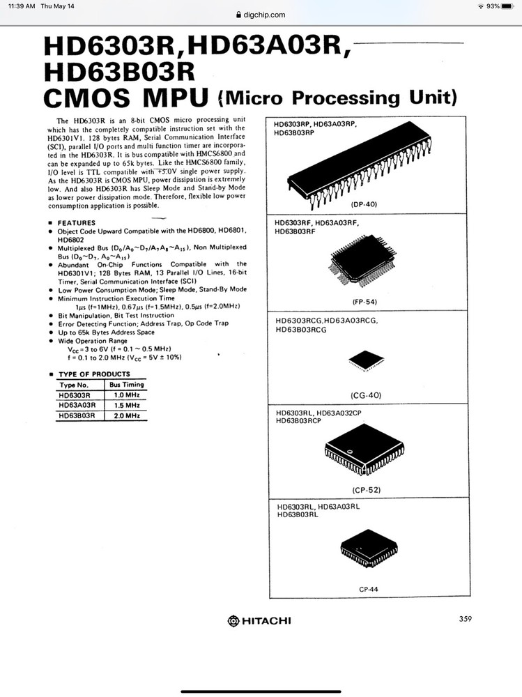 HITACHI HD63B03RP 40-PIN PROCESSOR Ic-8-bit CMOS Cpu-2mhz