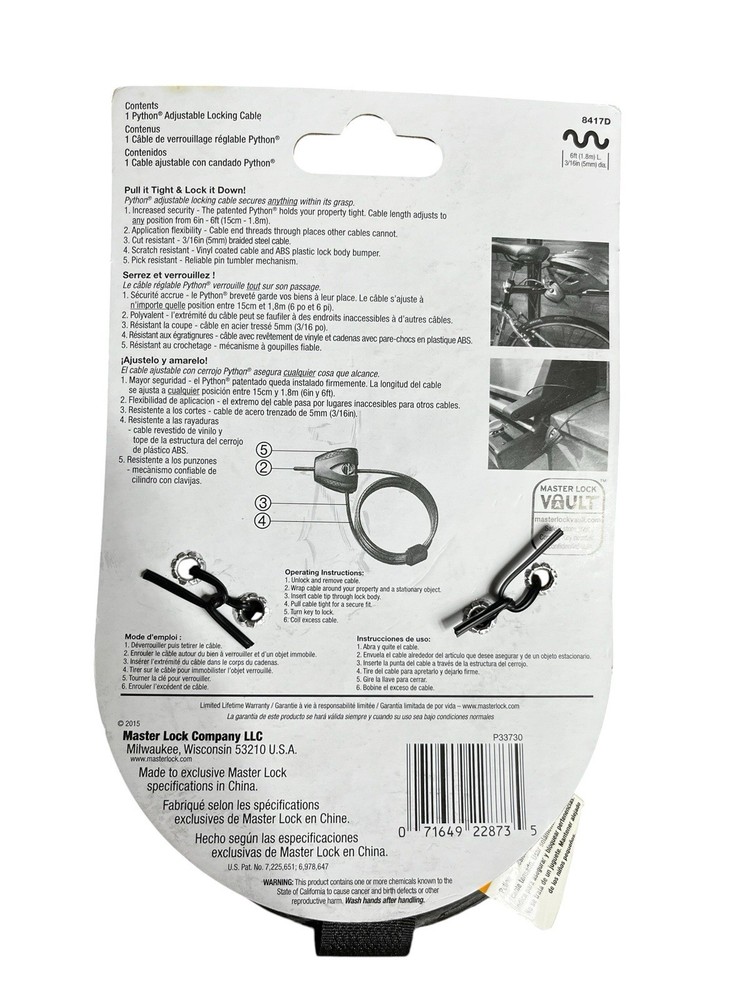 Master Lock 8417D Python Adjustable Locking Cable 6 Ft