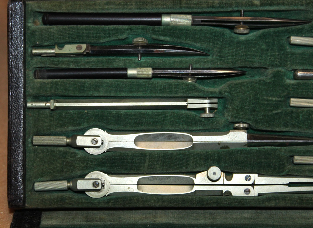 Vintage Drafting Tools With Case Complete 10 piece Set + Protractor