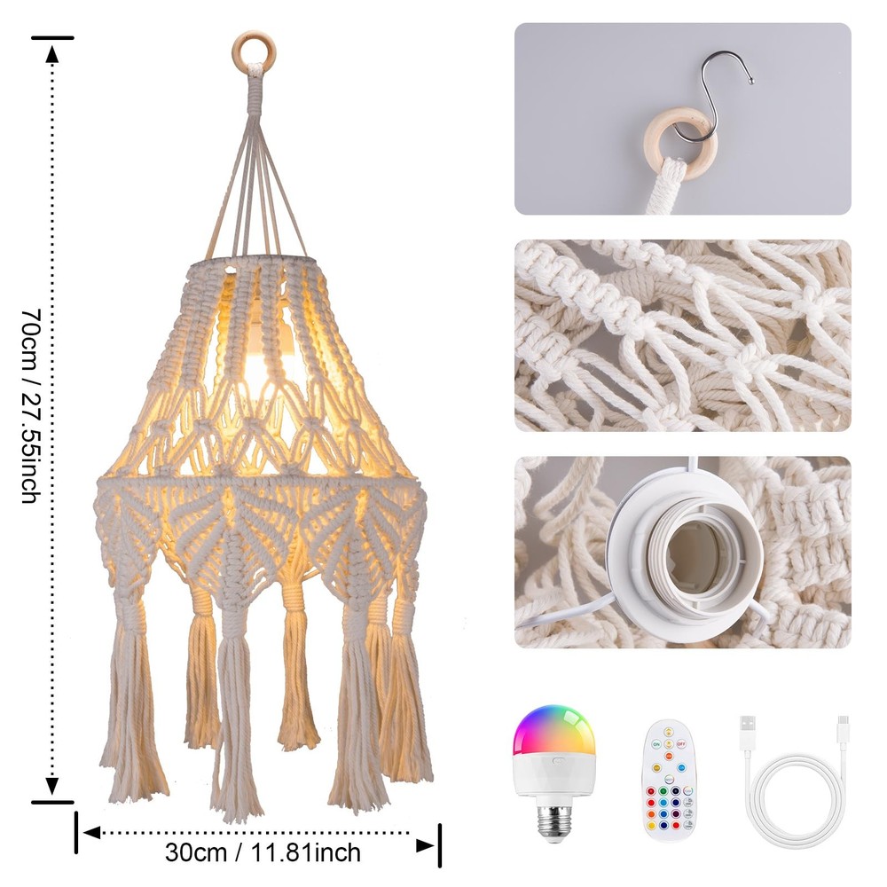 Boho Chic Macrame Pendant Lights with Tassels, Remote Control Dimmable Timer ...