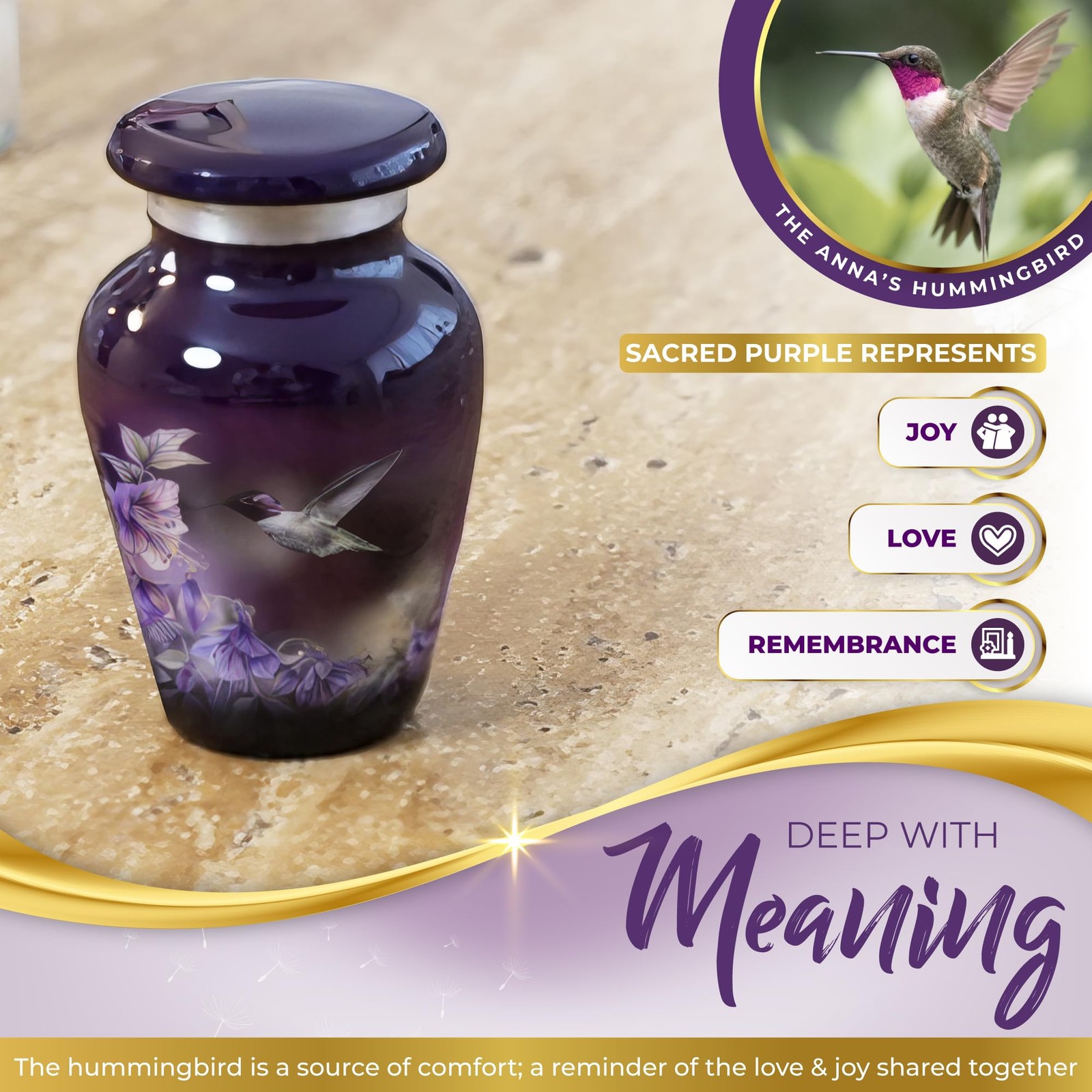 Beautiful 2.9" Hummingbird Keepsake Urn (1 Piece), Sacred Purple