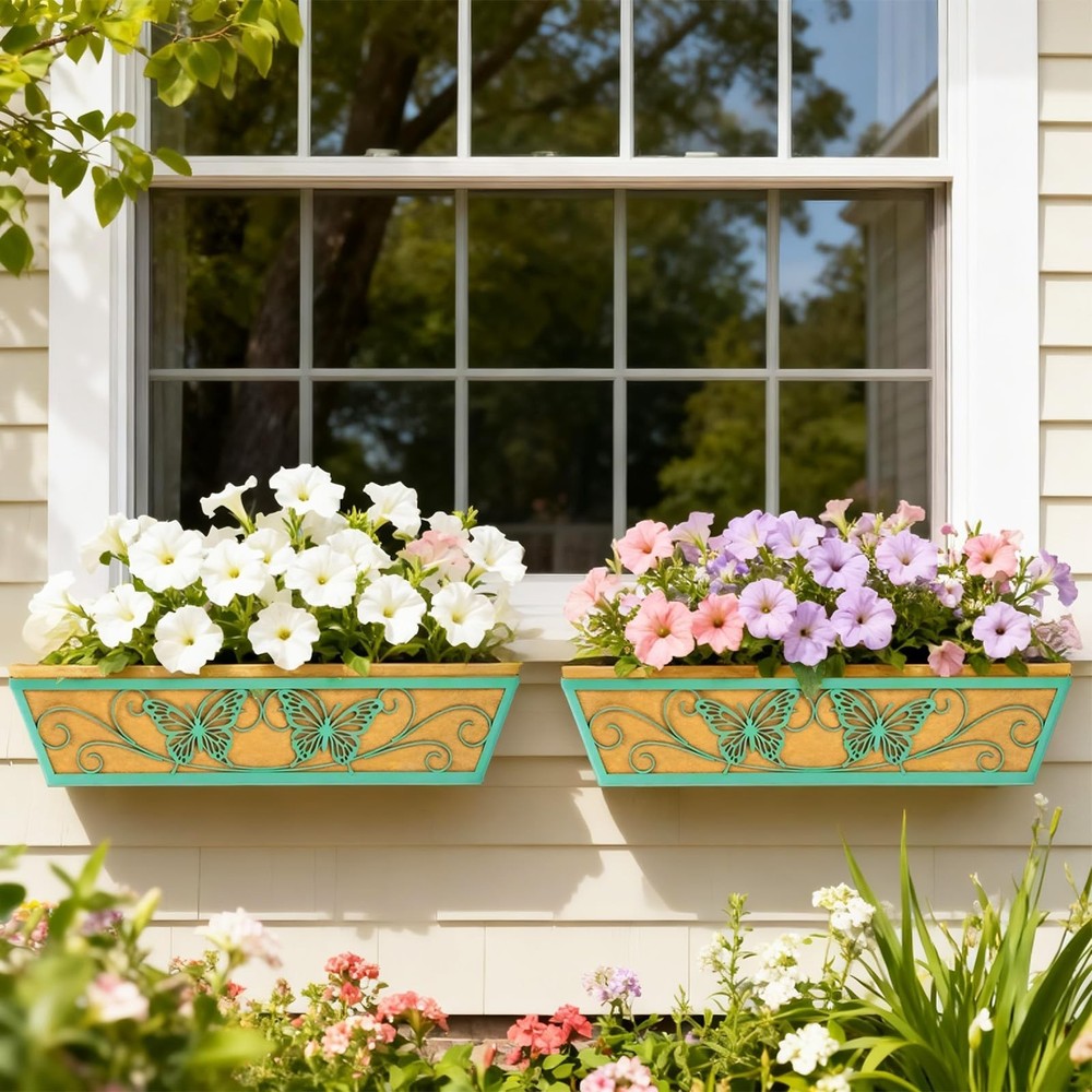 2 Pack 24 Inch Window Boxes Planter Railing Planters Box with Adjustable Brac...