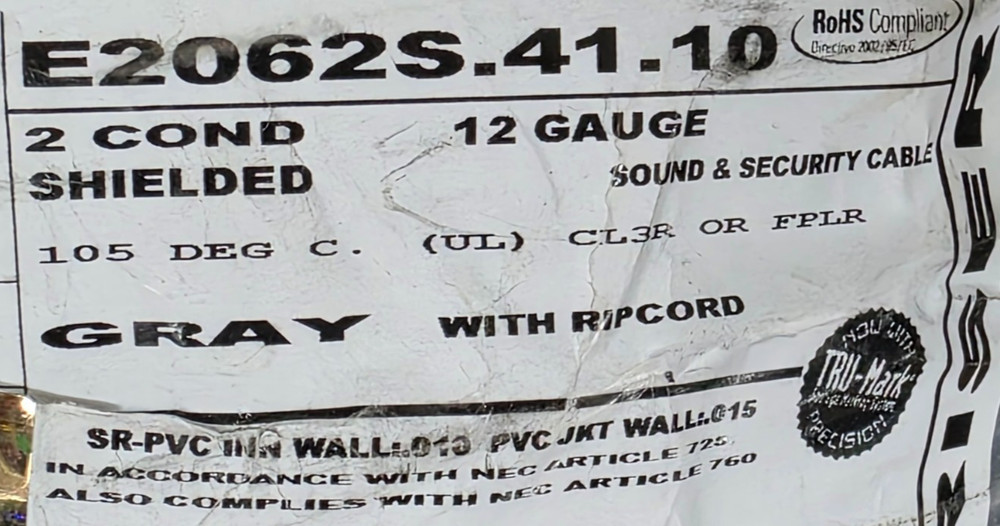 Carol E2062S 12/2C Shielded Audio/Communications/Security Cable Riser Gray /50ft