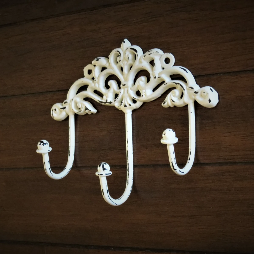 White Scroll Triple Cast Iron Wall Hook Coat Hat Towel Hanging Heavy Duty