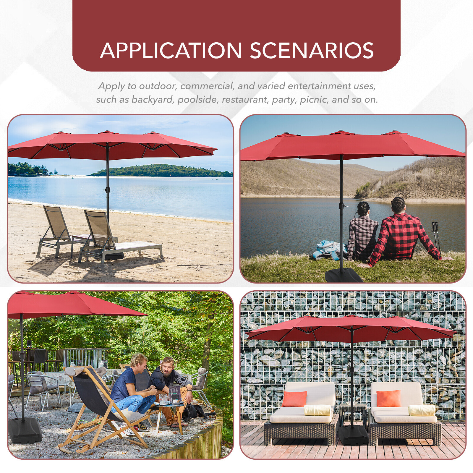 15FT Double-Sided Outdoor Sun Shade Backyard Patio Umbrella Red w/ Crank & Base