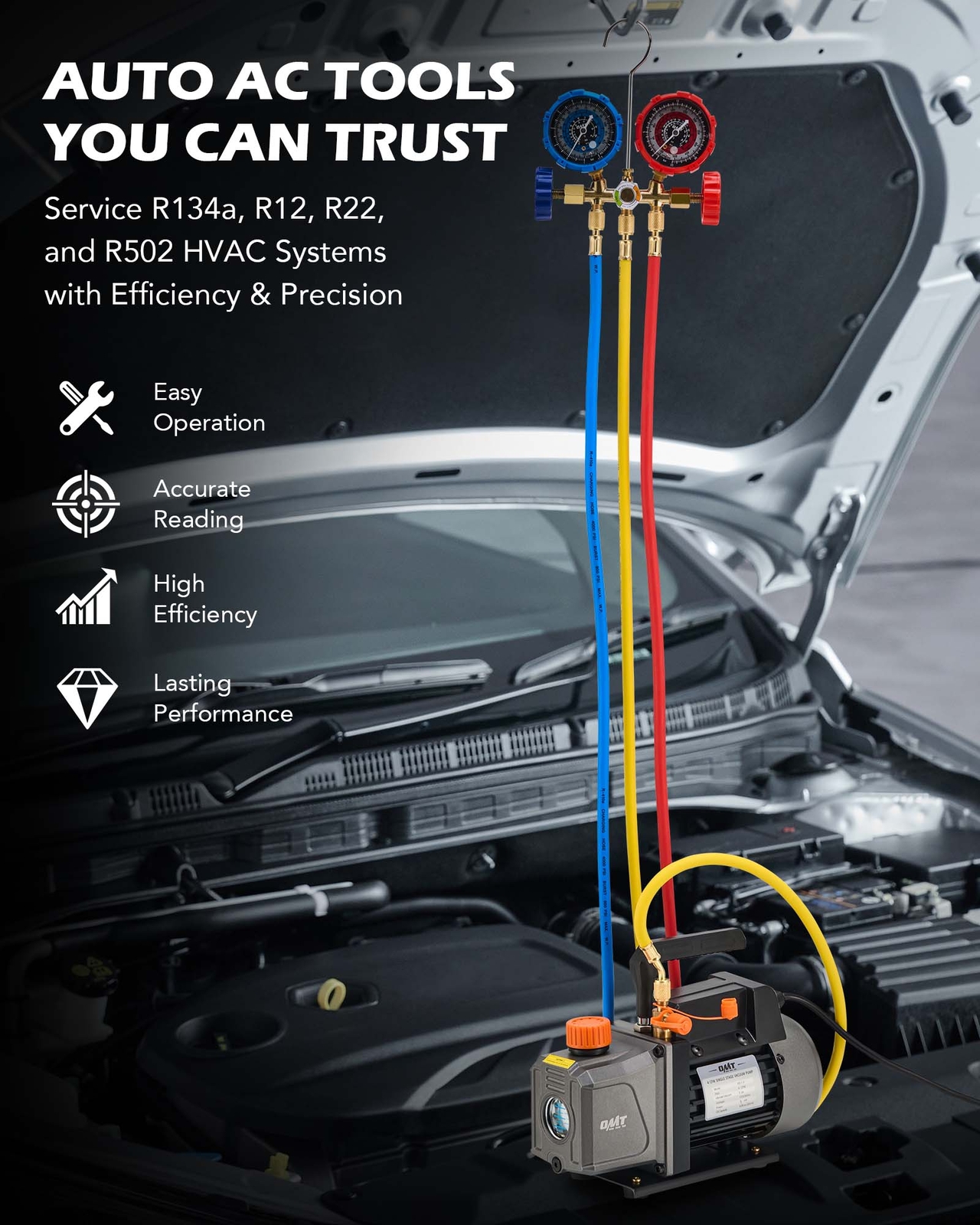 OMT Combo 1/3HP 4CFM Air Vacuum Pump MANIFOLD GAUGE Set HVAC AC Refrigerant Kit