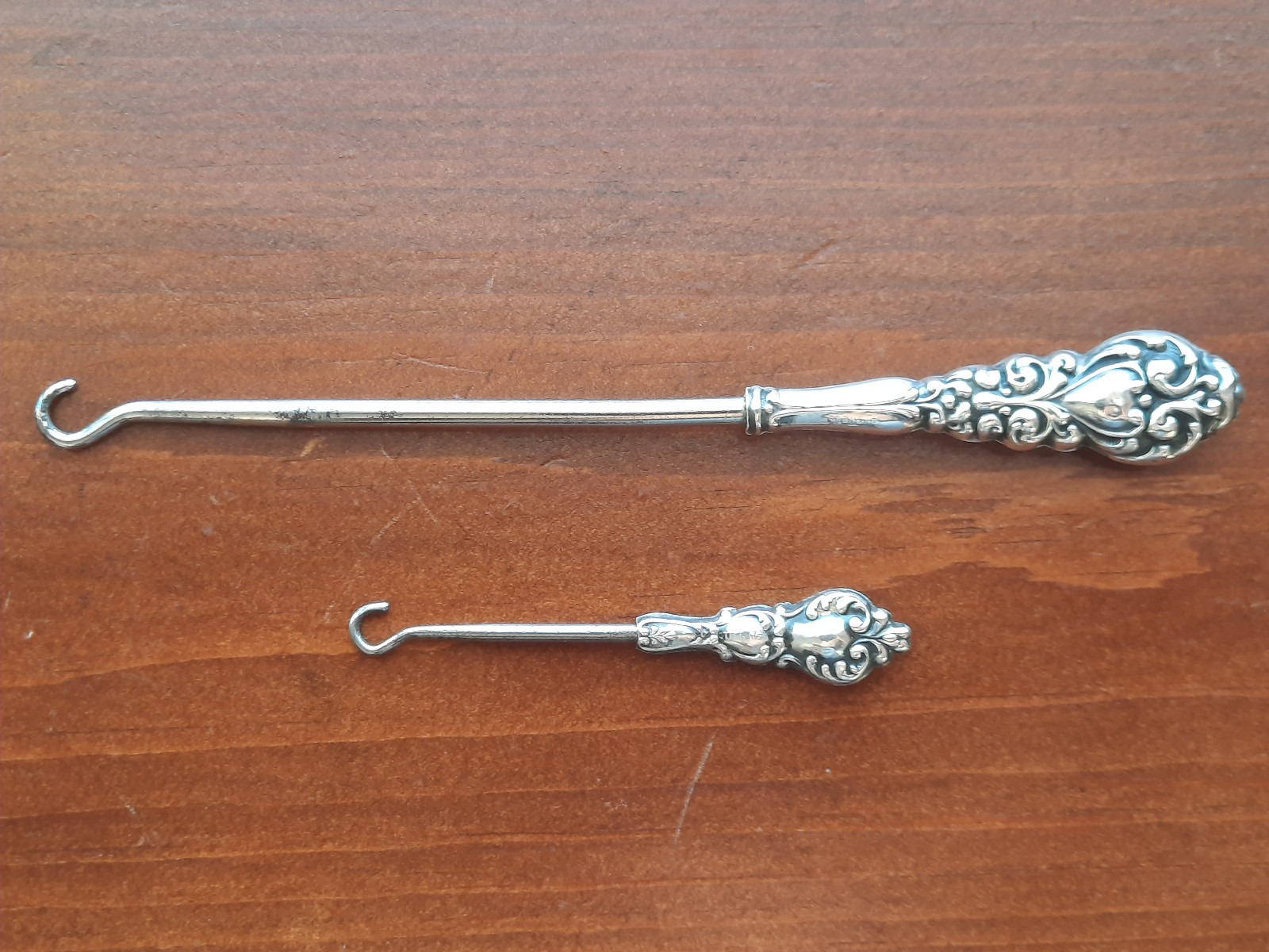 Sterling Silver Handle Button Hook, One Large, One Small